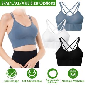 3Packs Women Cross Back Sport Bras Padded Strappy Medium Support Bras (Color: Black+White+Blue, size: 2xl)