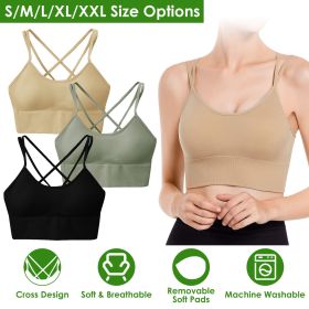 3Packs Women Cross Back Sport Bras Padded Strappy Medium Support Bras (Color: Green+Black+Beige, size: 2xl)